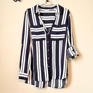 Next Navy Blue and White Striped Button Down Shirt Long Sleeve